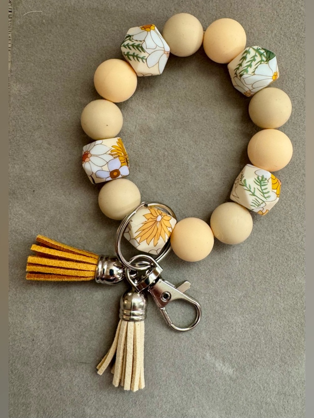 Beaded Keychain Bracelet Wristlet with Tassels - Cream and Floral